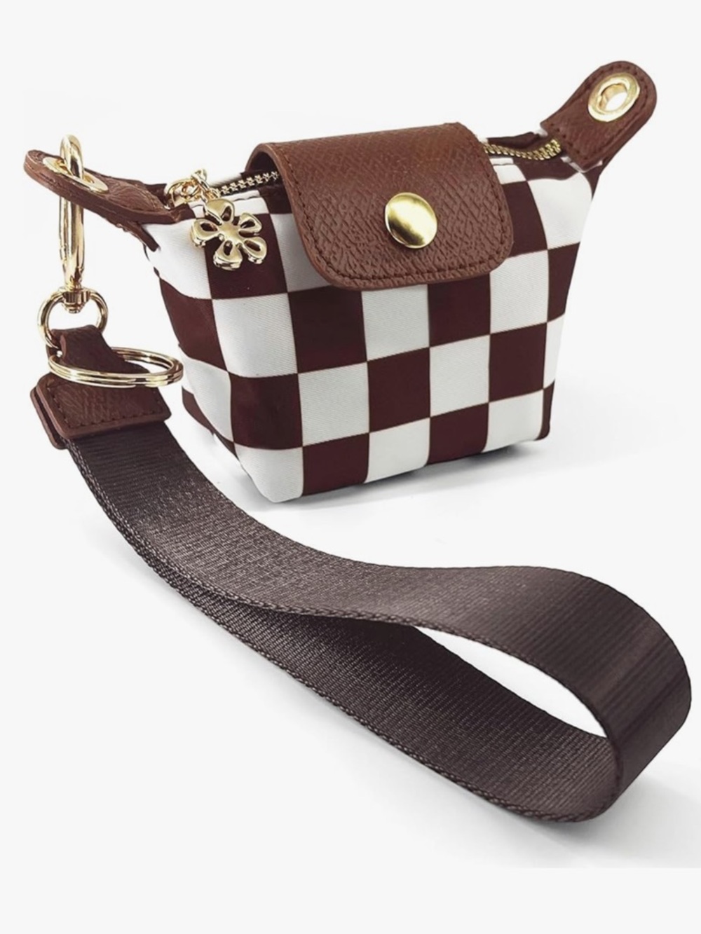 Brown Checkered Mini Wristlet with Gold Accent